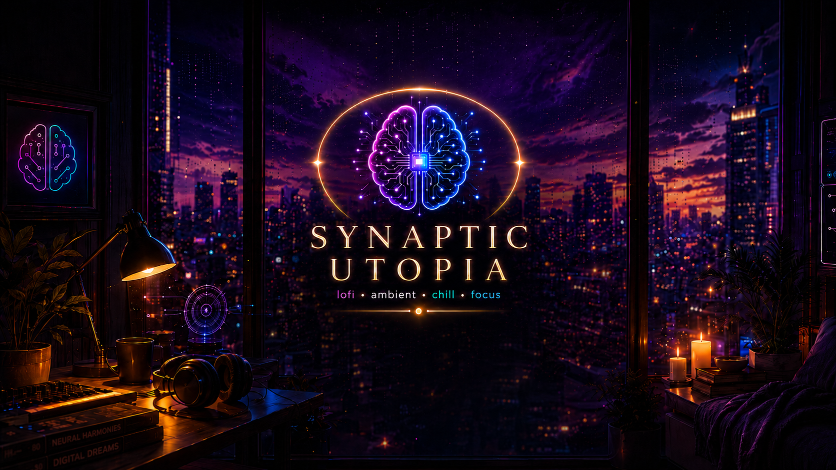 Cozy cyber-lofi studio with Scrappy the Synaptic Cat
